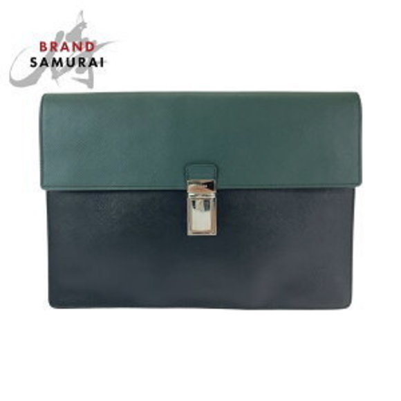Prada Saffiano leather clutch bag triangular green black document case - Picture 1 of 9